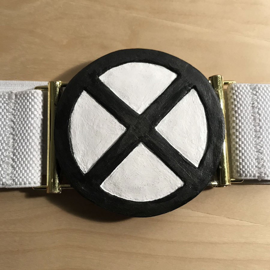 sculpted worbla belt buckle with x-men insignia