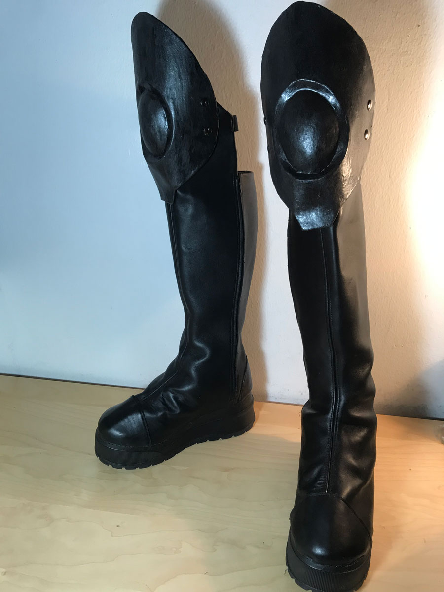 leather boot covers on platform sneaker base with attached worbla knee armor